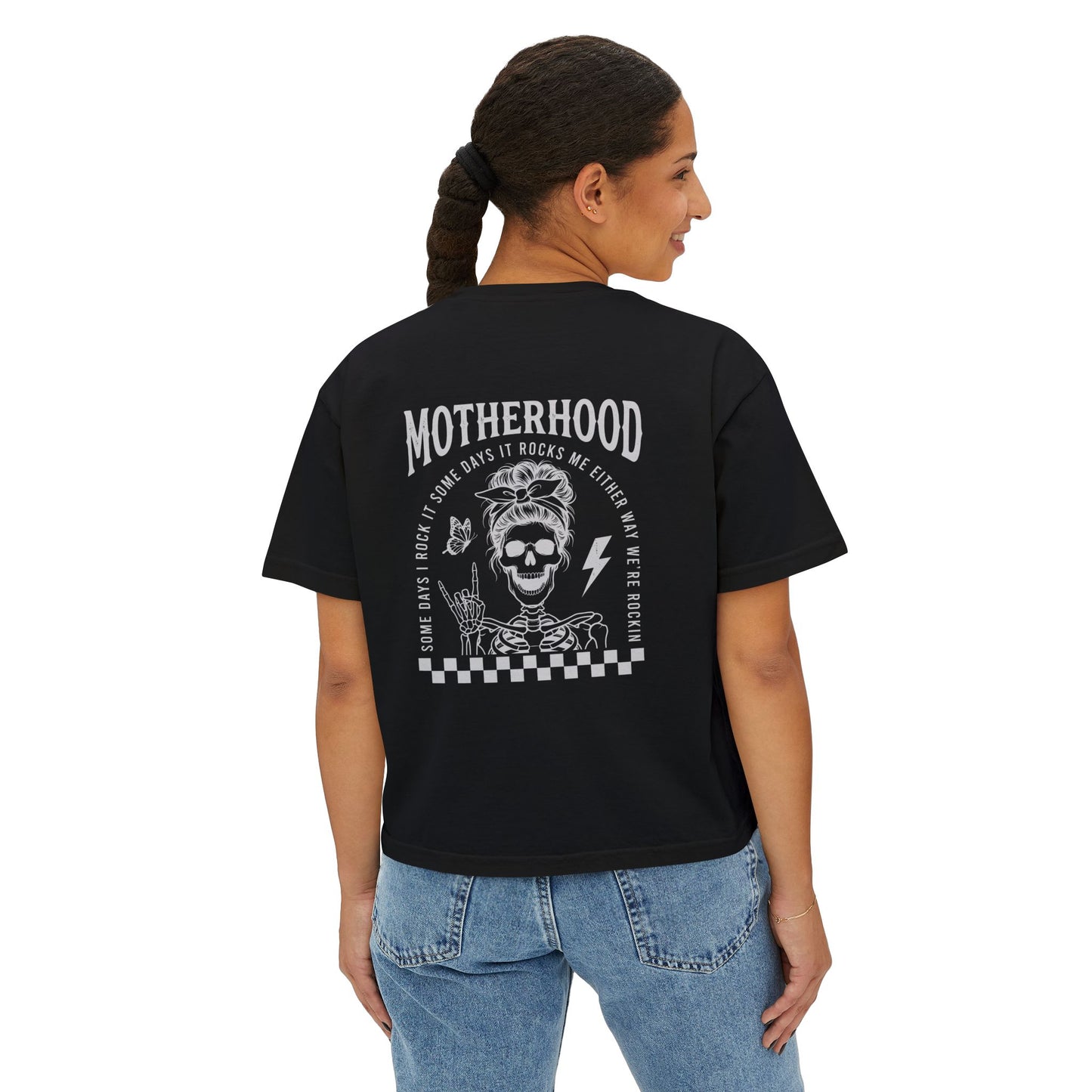 Motherhood Skull Boxy Tee — Edgy Rock Mom Graphic Shirt