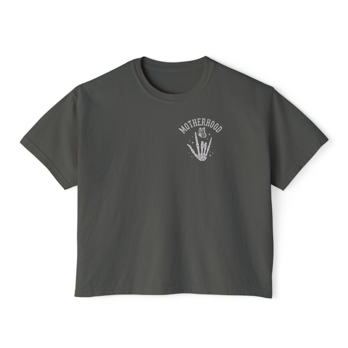 Motherhood Skull Boxy Tee — Edgy Rock Mom Graphic Shirt
