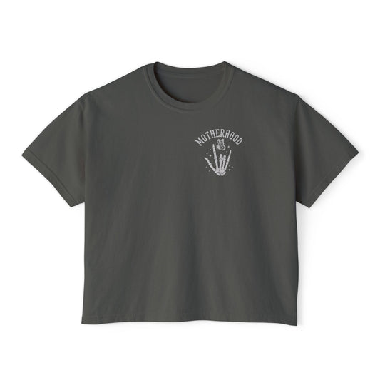 Motherhood Skull Boxy Tee — Edgy Rock Mom Graphic Shirt