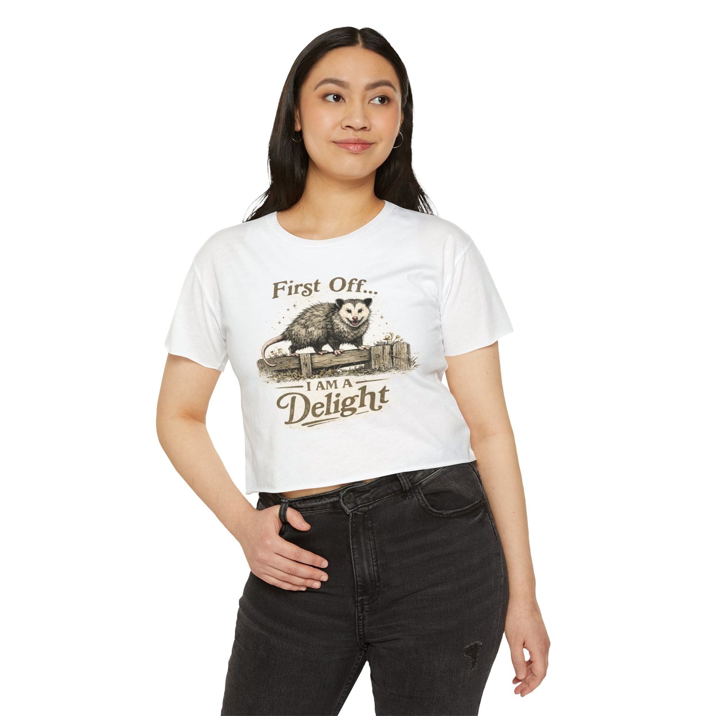 Women's Crop Top — "First Off... I Am a Delight" Possum Graphic