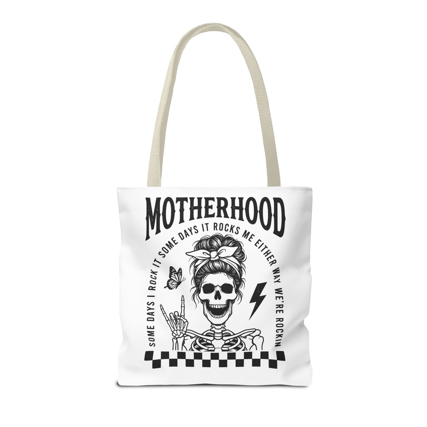 Motherhood Skeleton Tote Bag — Edgy Black & White All-Over Print