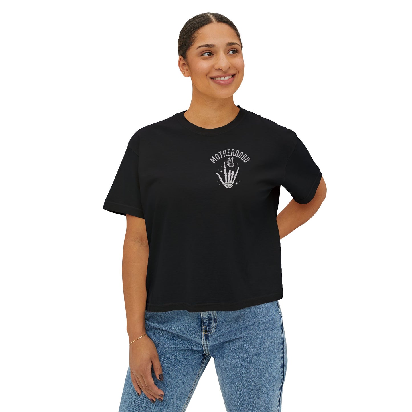 Motherhood Skull Boxy Tee — Edgy Rock Mom Graphic Shirt