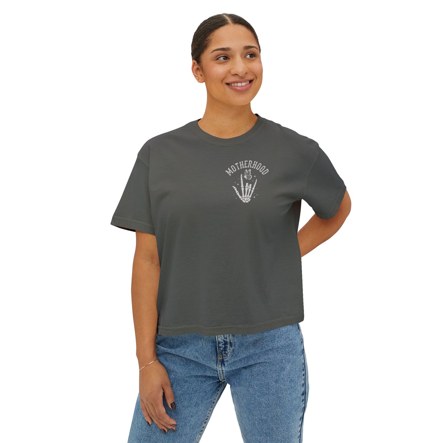 Motherhood Skull Boxy Tee — Edgy Rock Mom Graphic Shirt