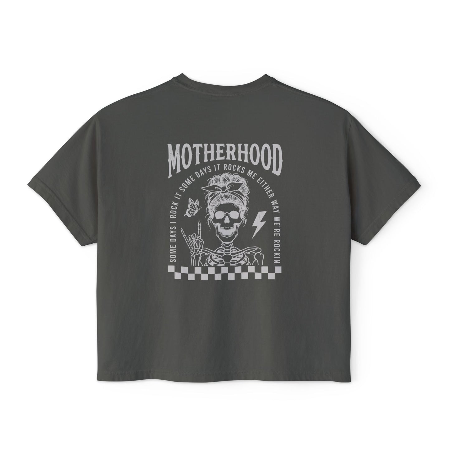 Motherhood Skull Boxy Tee — Edgy Rock Mom Graphic Shirt