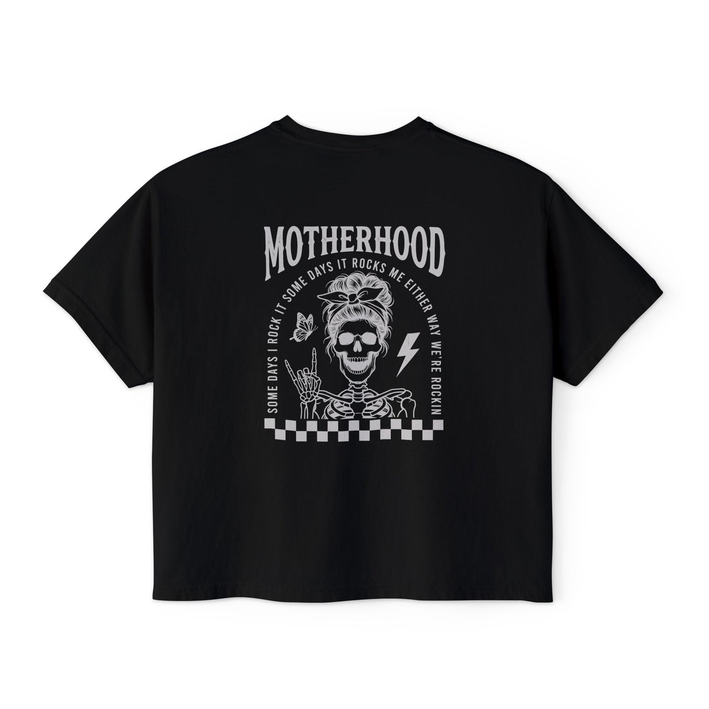 Motherhood Skull Boxy Tee — Edgy Rock Mom Graphic Shirt
