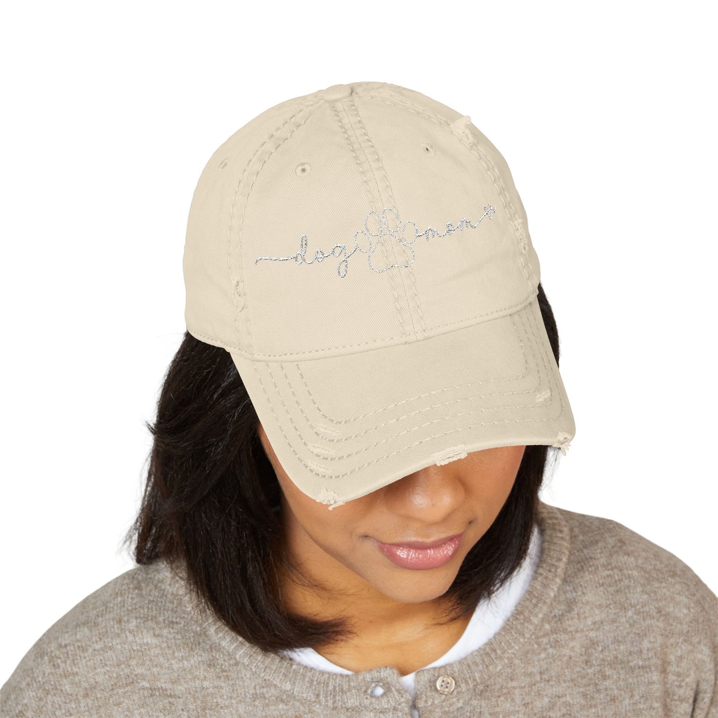 Embroidered "Dog Mom" Distressed Hat
