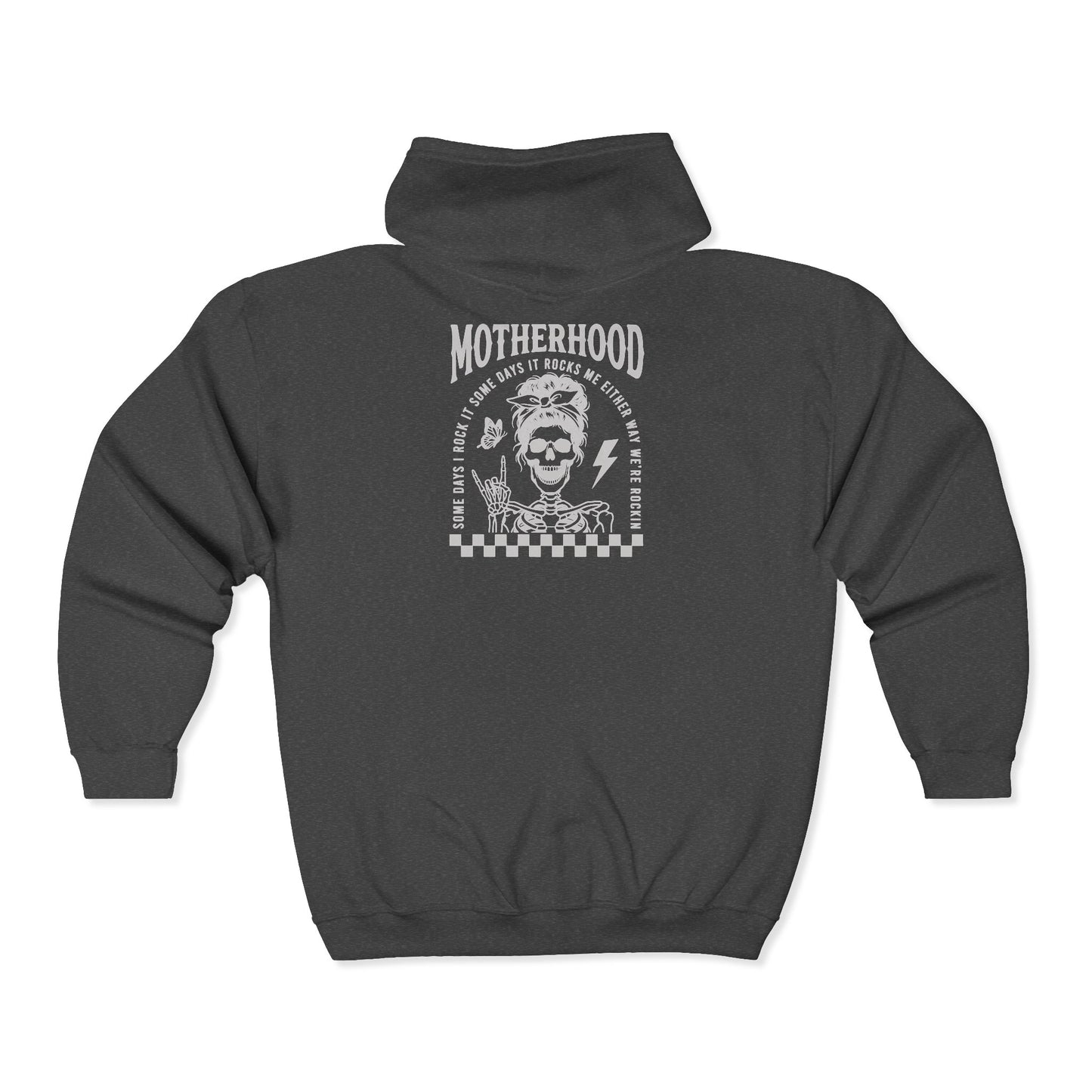 Motherhood Graphic Zip Hoodie — Retro Rock 'Motherhood: Who Says It Should Be Easy?'