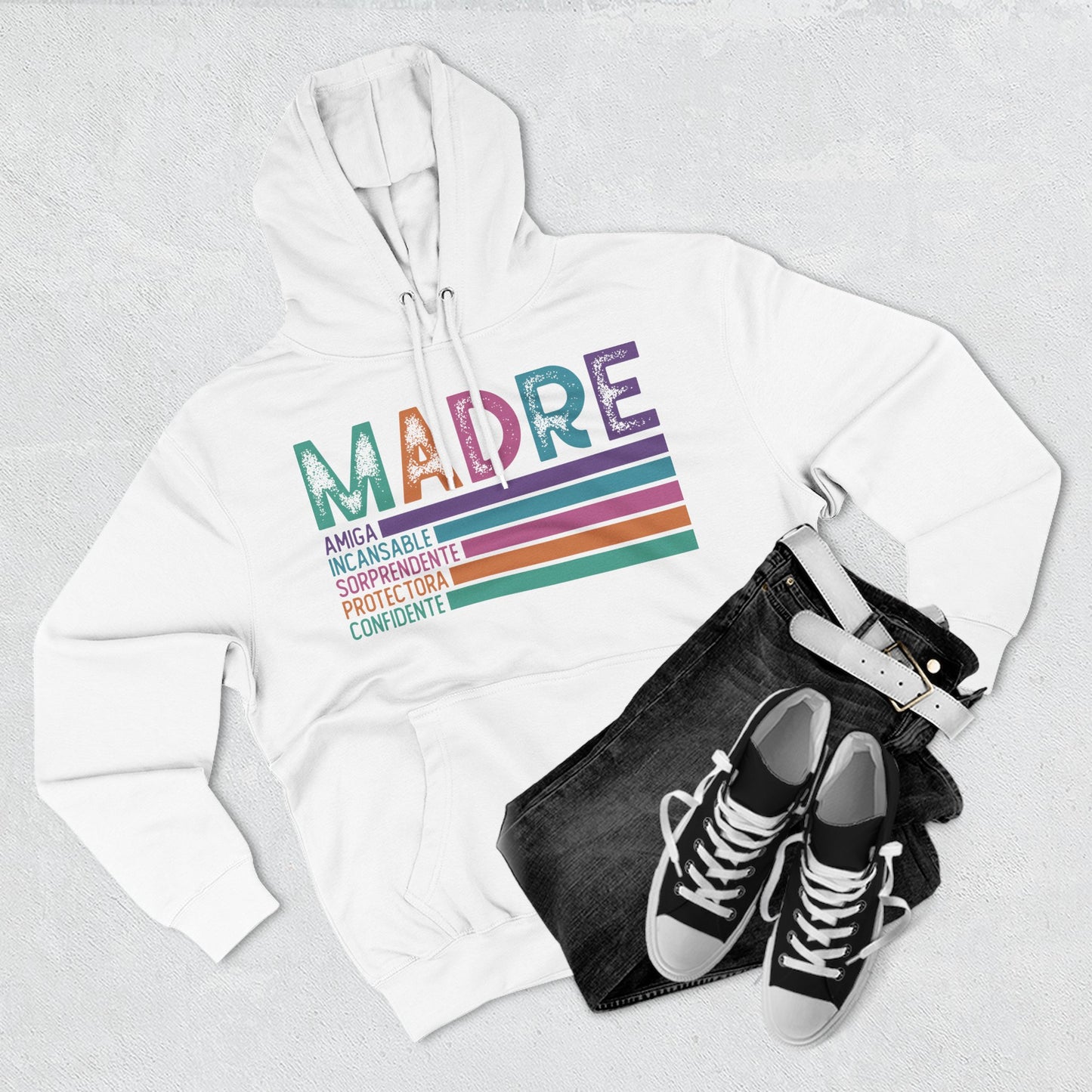 Madre Graphic Hoodie — Colorful Spanish Mother Tribute (Amiga, Protectora, Confidente)
