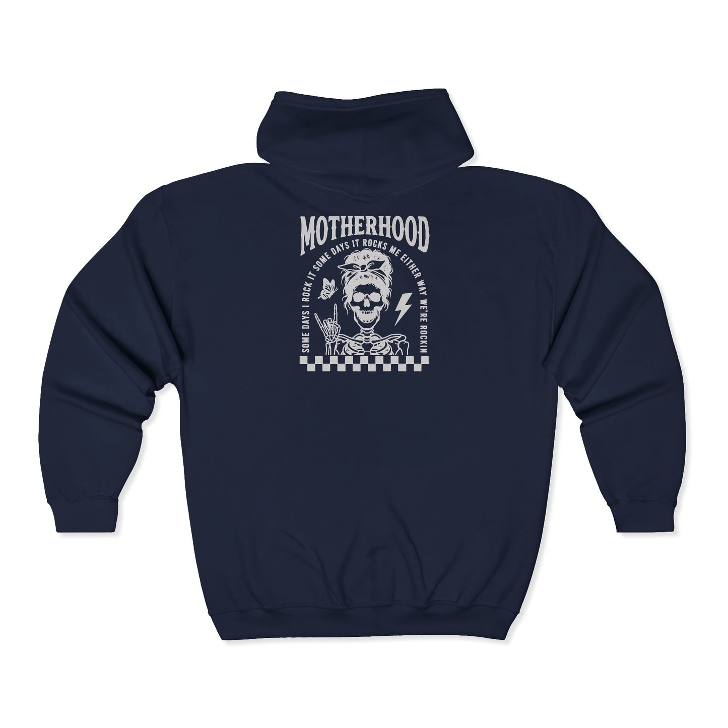Motherhood Graphic Zip Hoodie — Retro Rock 'Motherhood: Who Says It Should Be Easy?'