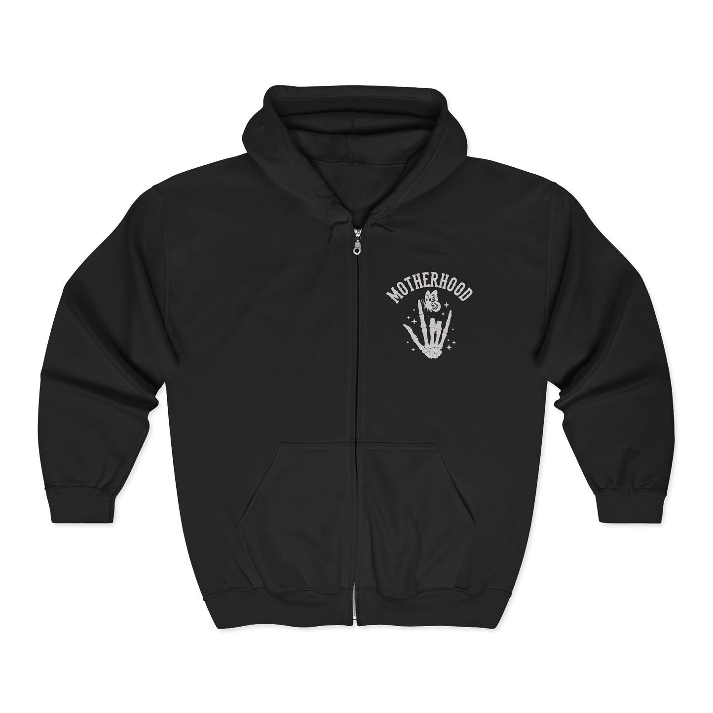 Motherhood Graphic Zip Hoodie — Retro Rock 'Motherhood: Who Says It Should Be Easy?'