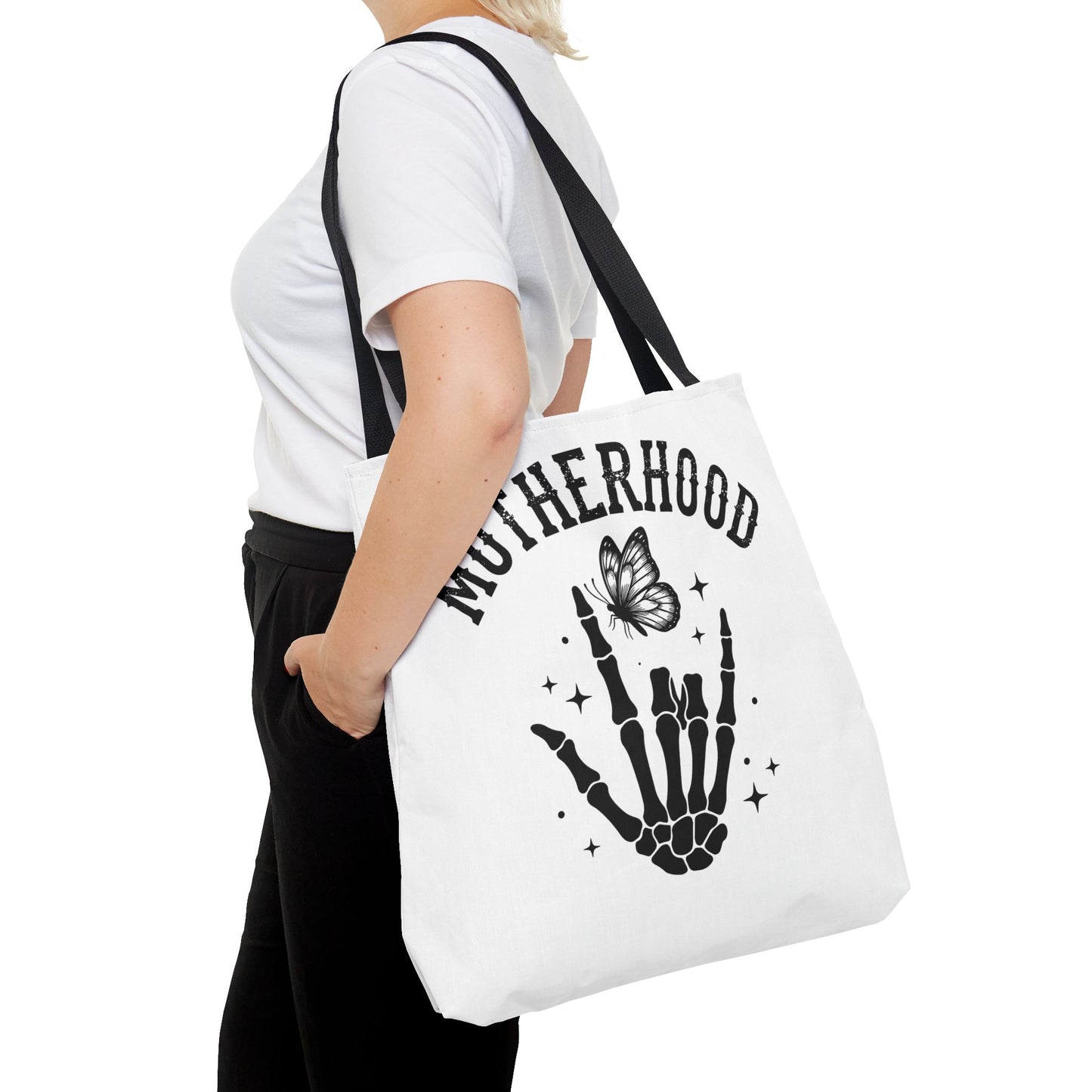 Motherhood Skeleton Tote Bag — Edgy Black & White All-Over Print