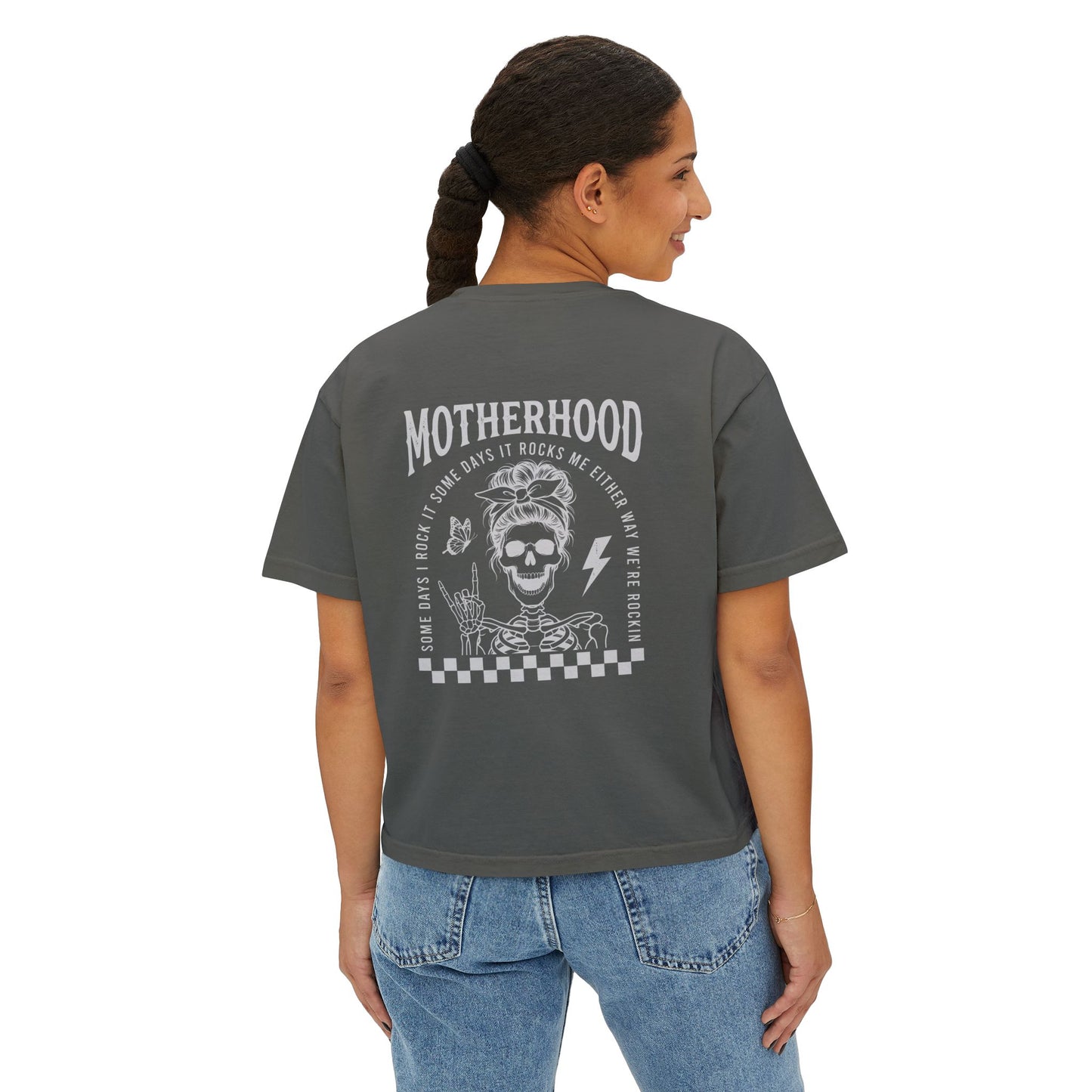Motherhood Skull Boxy Tee — Edgy Rock Mom Graphic Shirt