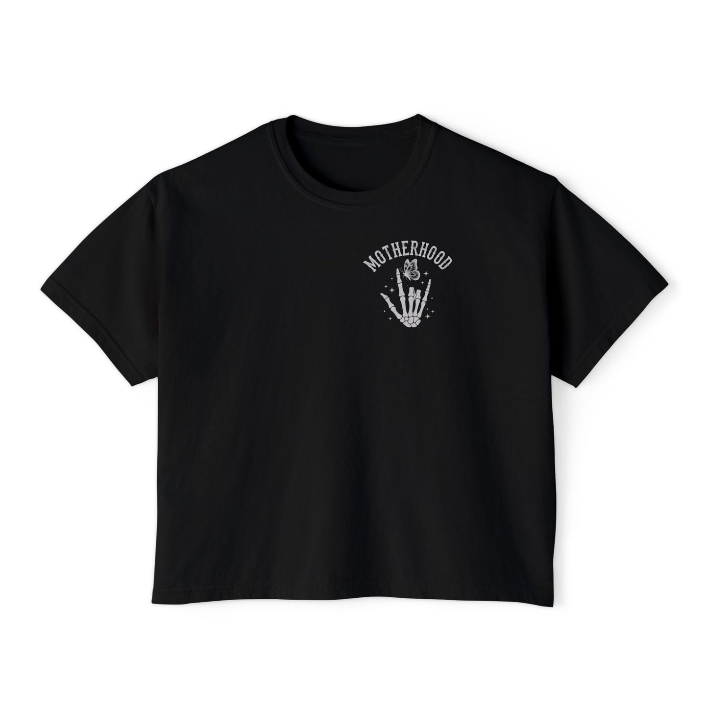 Motherhood Skull Boxy Tee — Edgy Rock Mom Graphic Shirt