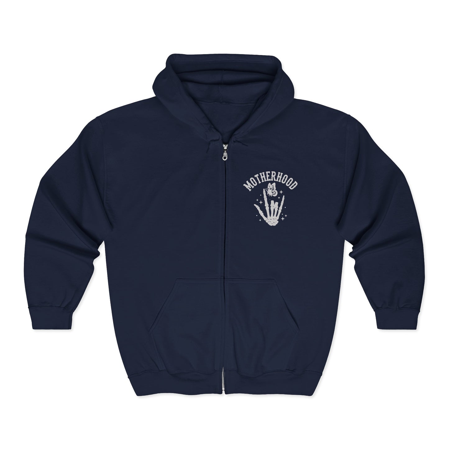 Motherhood Graphic Zip Hoodie — Retro Rock 'Motherhood: Who Says It Should Be Easy?'