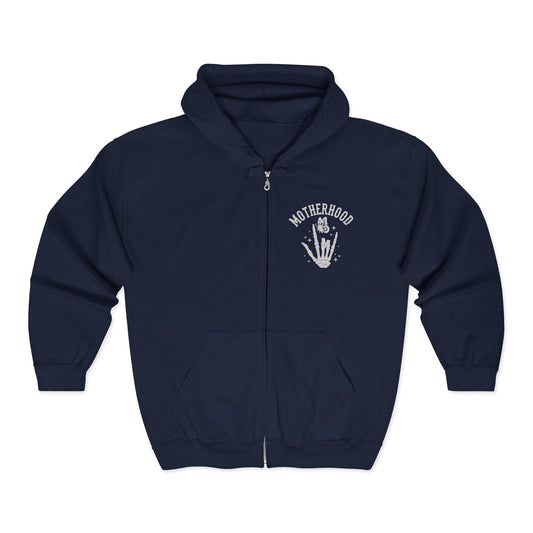 Motherhood Graphic Zip Hoodie — Retro Rock 'Motherhood: Who Says It Should Be Easy?'