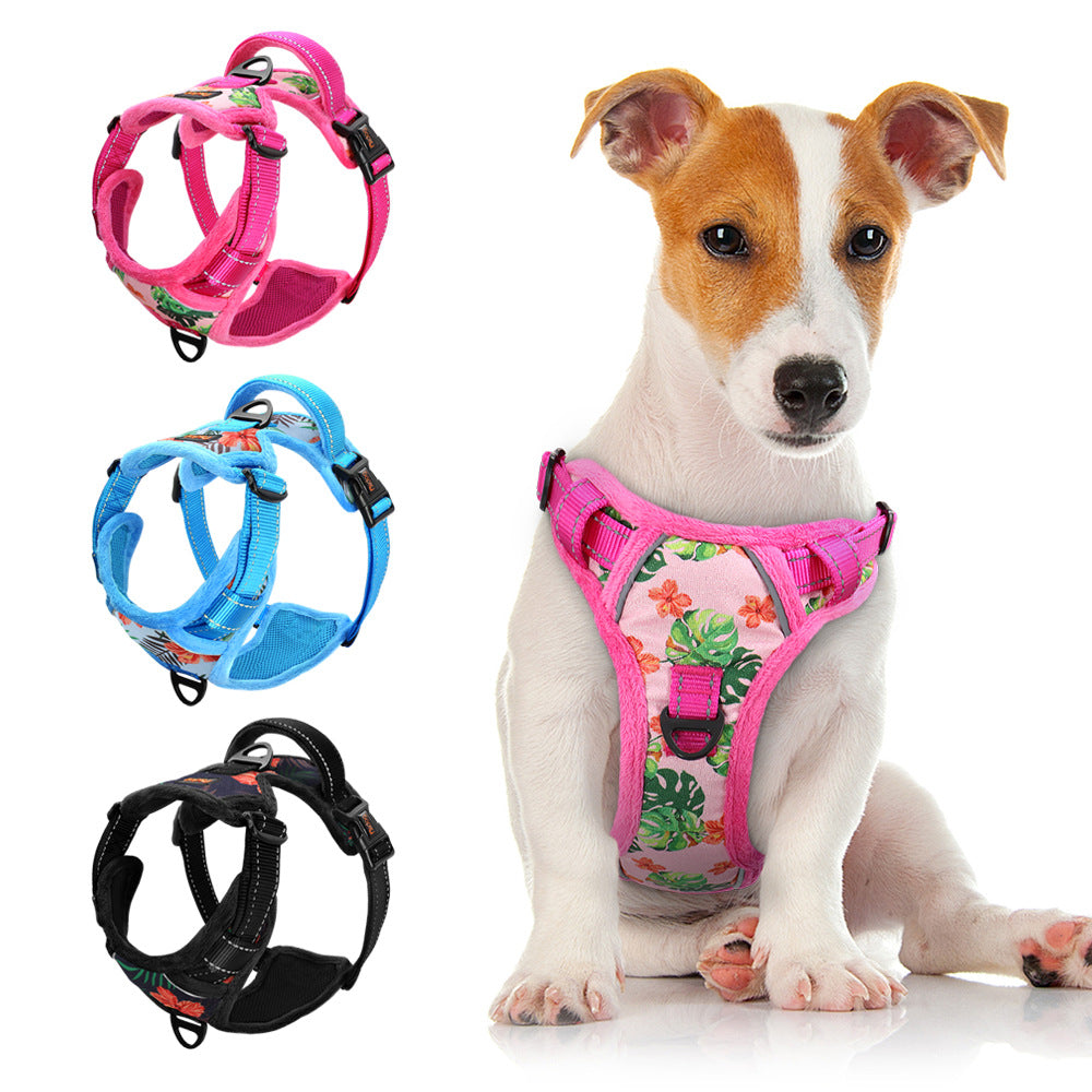 Reflective Padded Dog Harness + Leash Set with Floral Print