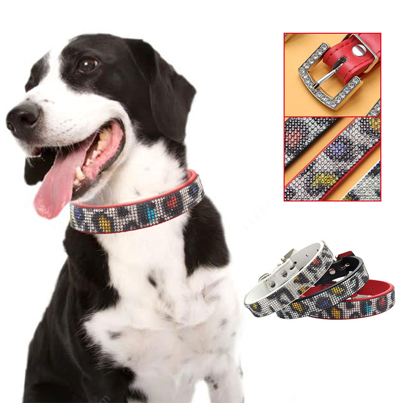 Rhinestone Leopard PU Dog Collar