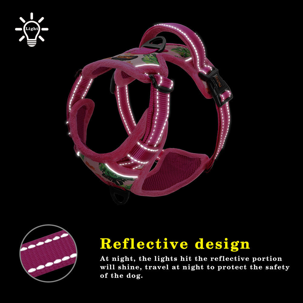 Reflective Padded Dog Harness + Leash Set with Floral Print