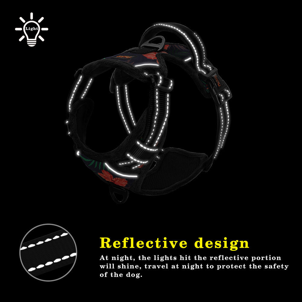 Reflective Padded Dog Harness + Leash Set with Floral Print